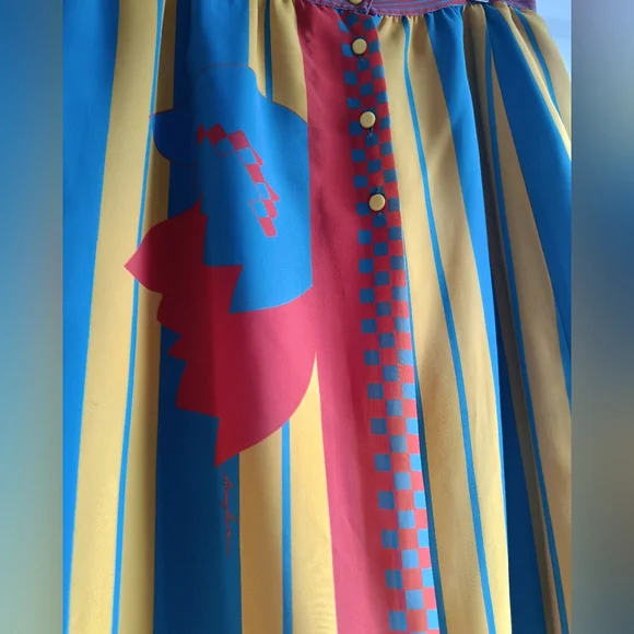 M💥Mario Valentino Vintage Asymmetrical Midi Skirt in Yellow&Blue - Picture 3 of 11